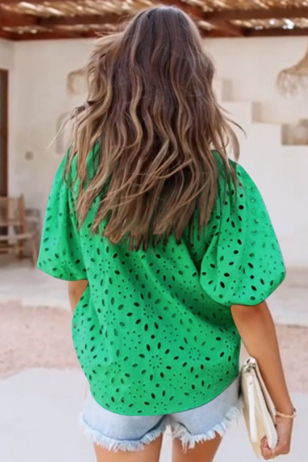 Eyelet Button Up Half Sleeve Blouse - The Goddess Galleries