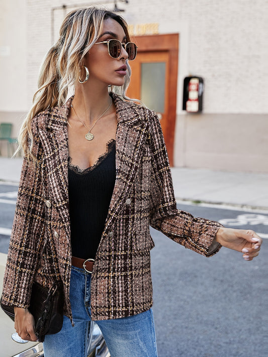 Full Size Plaid Lapel Collar Blazer - The Goddess Galleries