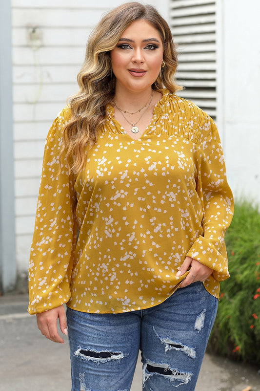 Plus Size Notched Neck Smocked Blouse - The Goddess Galleries