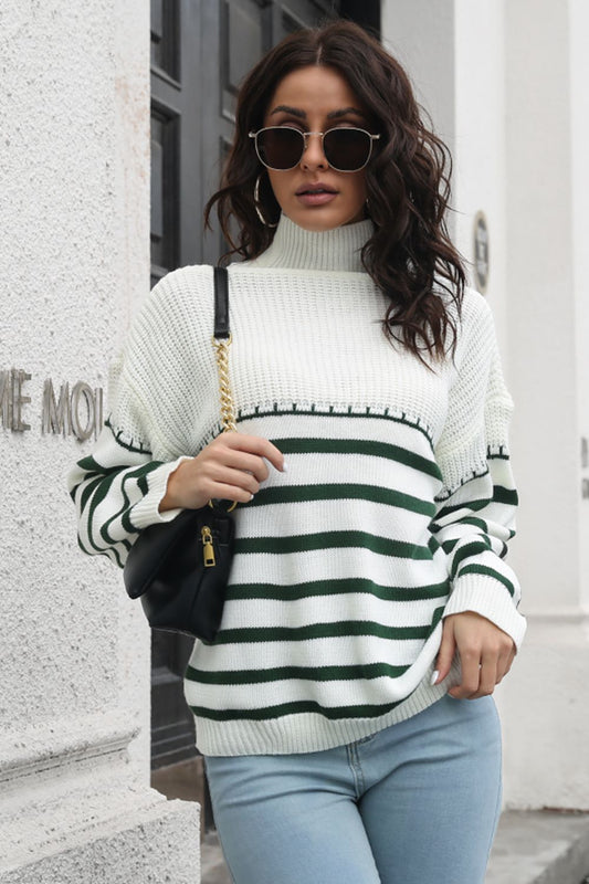 Striped Turtleneck Drop Shoulder Sweater - The Goddess Galleries