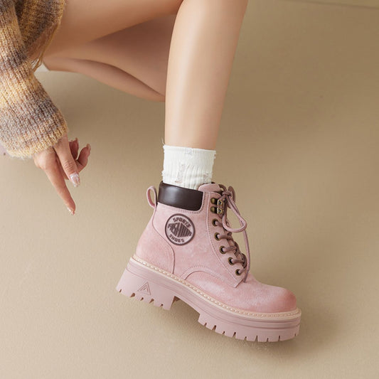Round Toe Platform Lace Up Boots - The Goddess Galleries