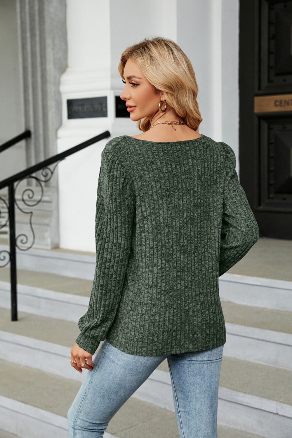 Ribbed Square Neck Long Sleeve T-Shirt - The Goddess Galleries