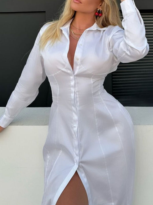 Devine Backless Long Sleeve Midi Shirt Dress - The Goddess Galleries