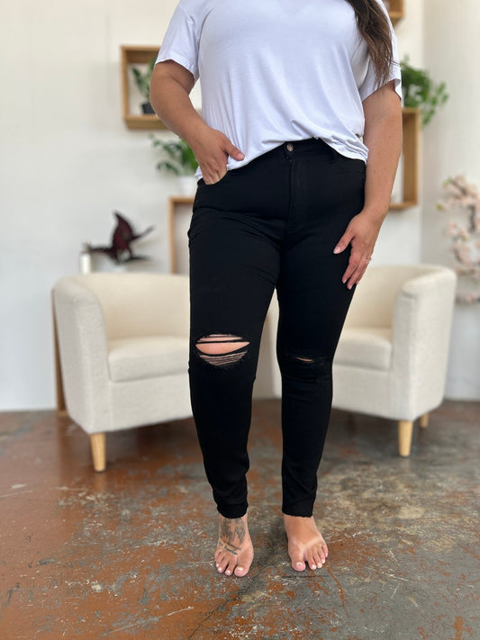 Judy Blue Full Size Distressed Tummy Control High Waist Skinny Jeans - The Goddess Galleries