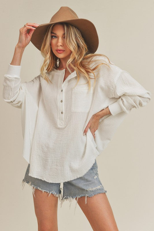 Aemi + Co Exposed Seam Raw Hem Half Button Top - The Goddess Galleries