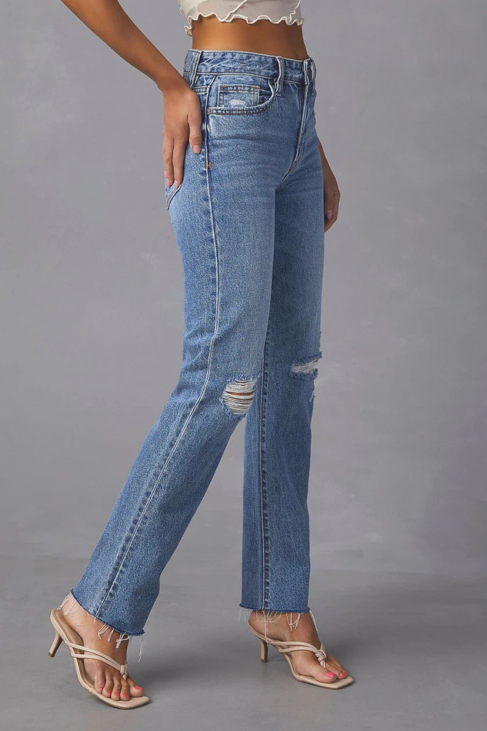 Distressed Raw Hem Straight Jeans with Pockets - The Goddess Galleries
