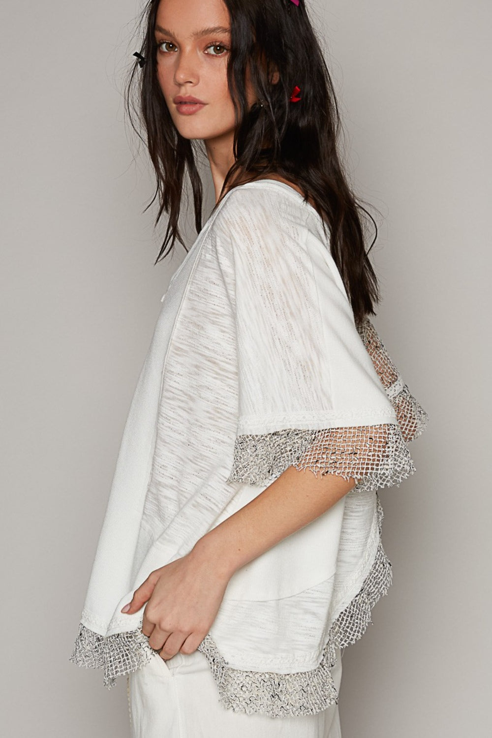 POL Openwork V-Neck Half Sleeve Top - The Goddess Galleries