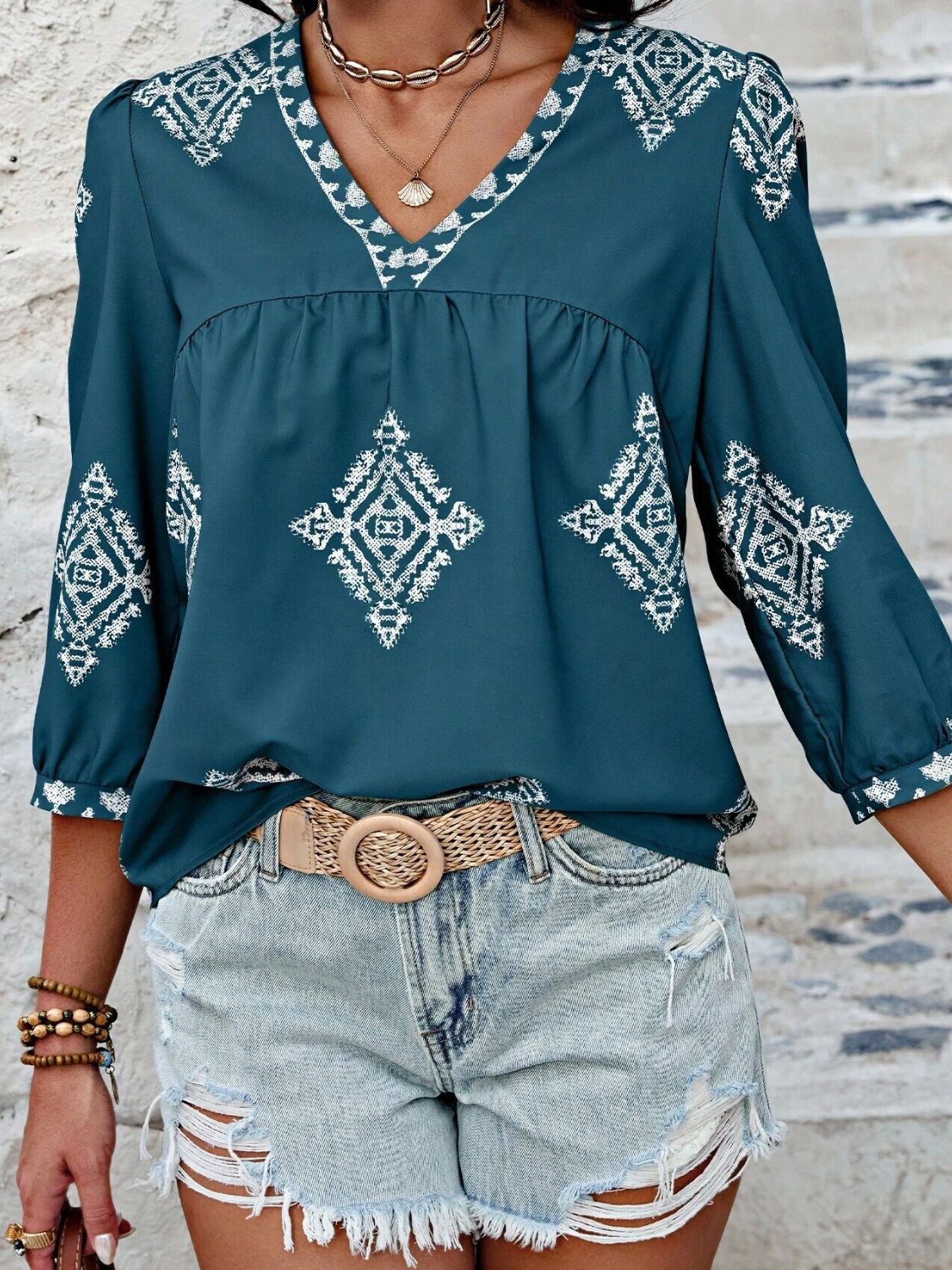 Printed V-Neck Three-Quarter Sleeve Blouse - The Goddess Galleries