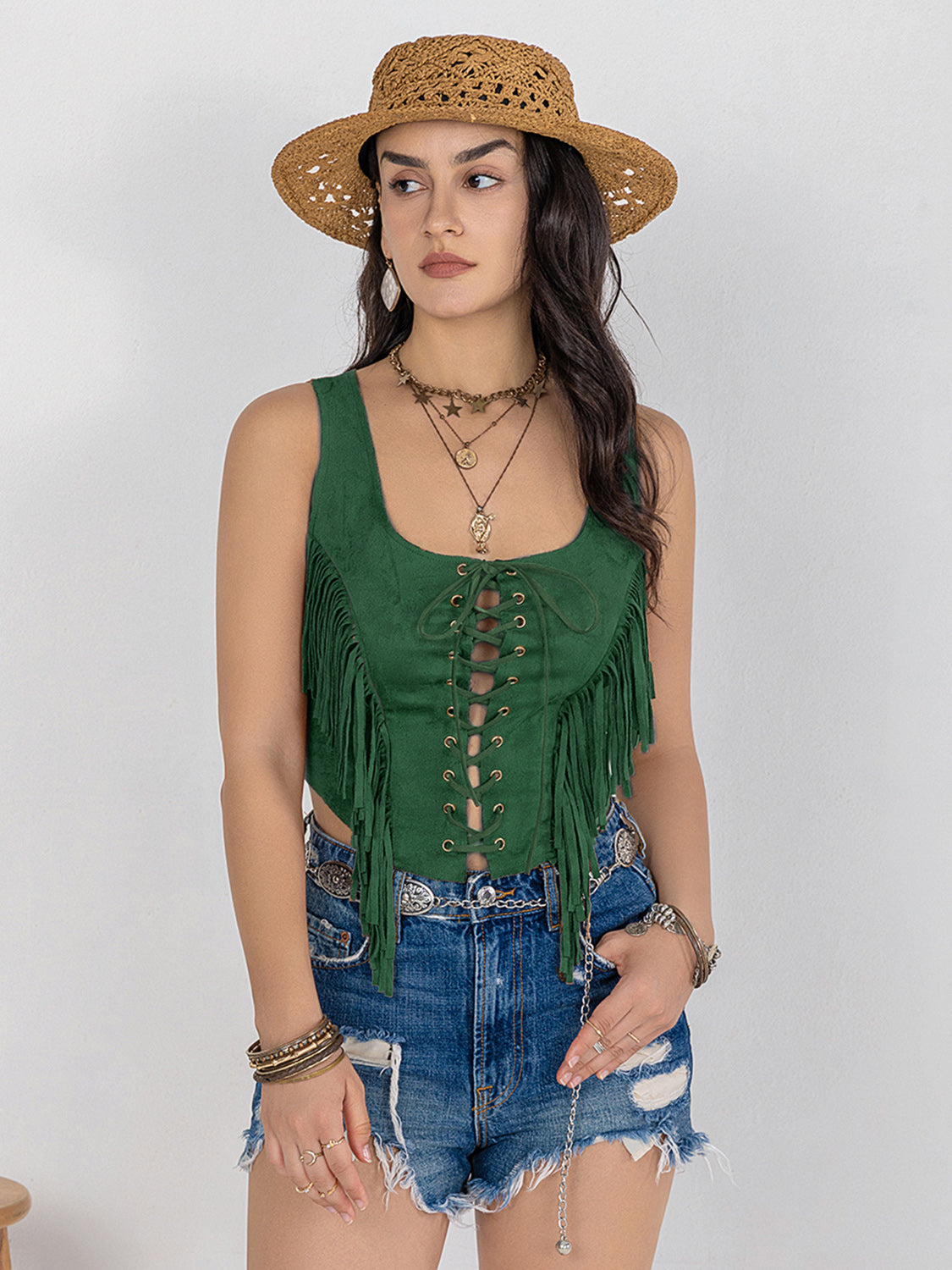 Fringe Lace-Up Wide Strap Tank - The Goddess Galleries