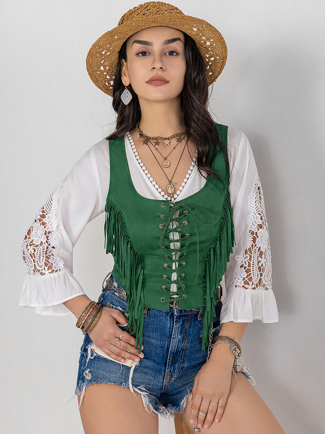 Fringe Lace-Up Wide Strap Tank - The Goddess Galleries