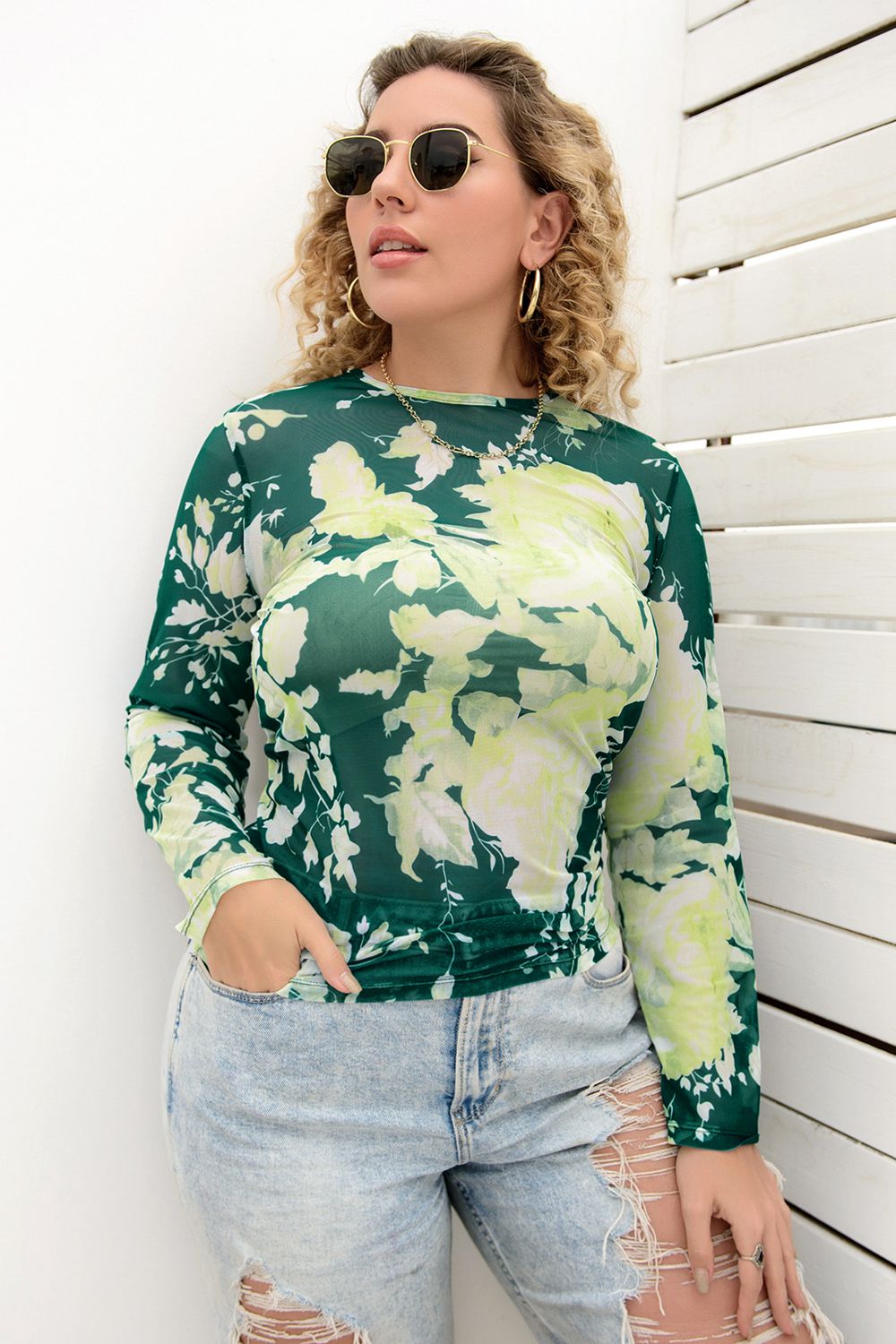 Plus Size Printed Round Neck Long Sleeve Blouse - The Goddess Galleries