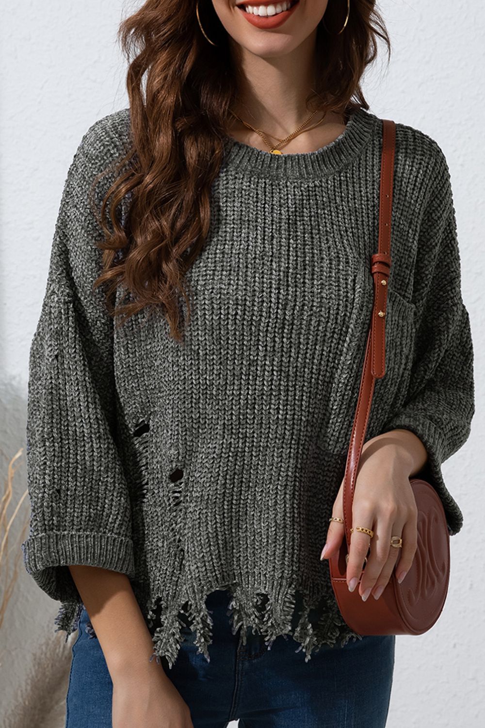 Distressed Round Neck Drop Shoulder Sweater - The Goddess Galleries