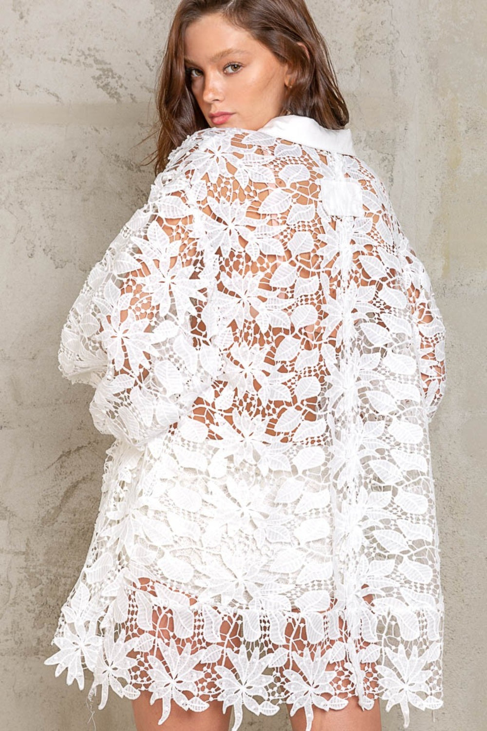 POL Lace Crochet Balloon Sleeve Button Down Shirt - The Goddess Galleries