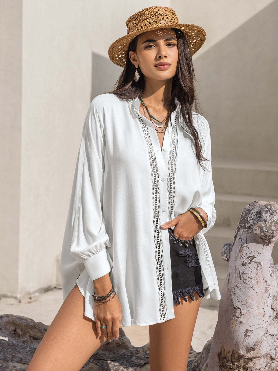 Openwork Button Up Long Sleeve Shirt - The Goddess Galleries