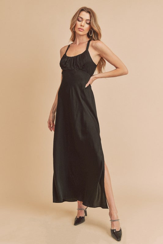 Aemi + Co Ruched Side Slit Cutout Back Maxi Cami Dress - The Goddess Galleries