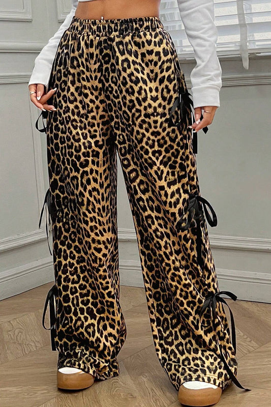 Leopard Bow Tie Elastic Waist Pants - The Goddess Galleries