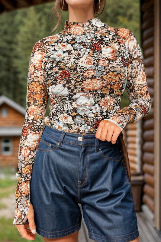Floral Mock Neck Long Sleeve Top - The Goddess Galleries