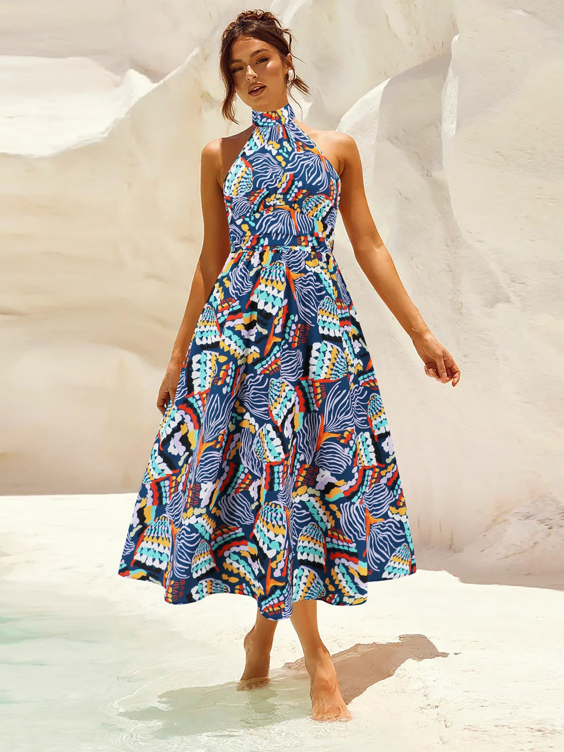 Ruched Printed Halter Neck Dress - The Goddess Galleries