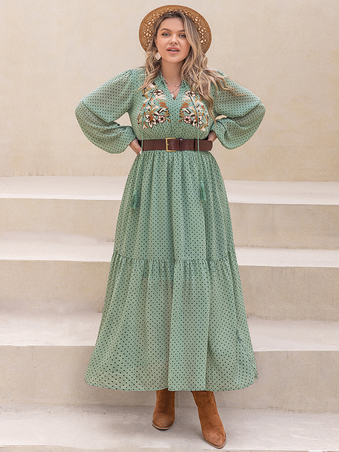 Plus Size Tassel Printed Tie Neck Long Sleeve Midi Dress - The Goddess Galleries