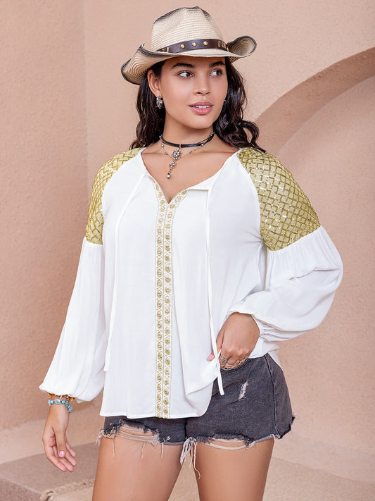Plus Size Sequin Tie Neck Dropped Shoulder Blouse - The Goddess Galleries