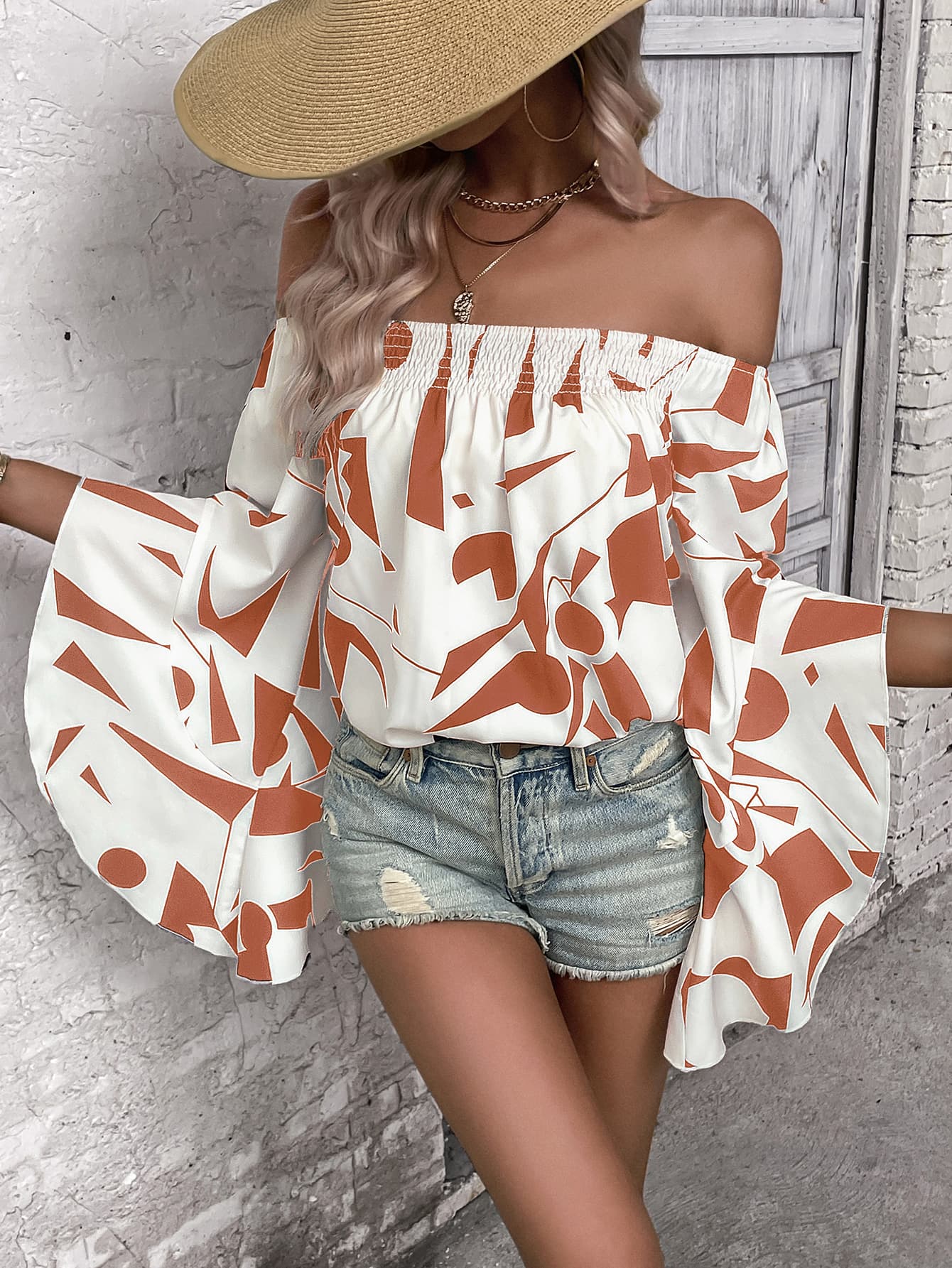 Printed Off-Shoulder Bell Sleeve Blouse - The Goddess Galleries