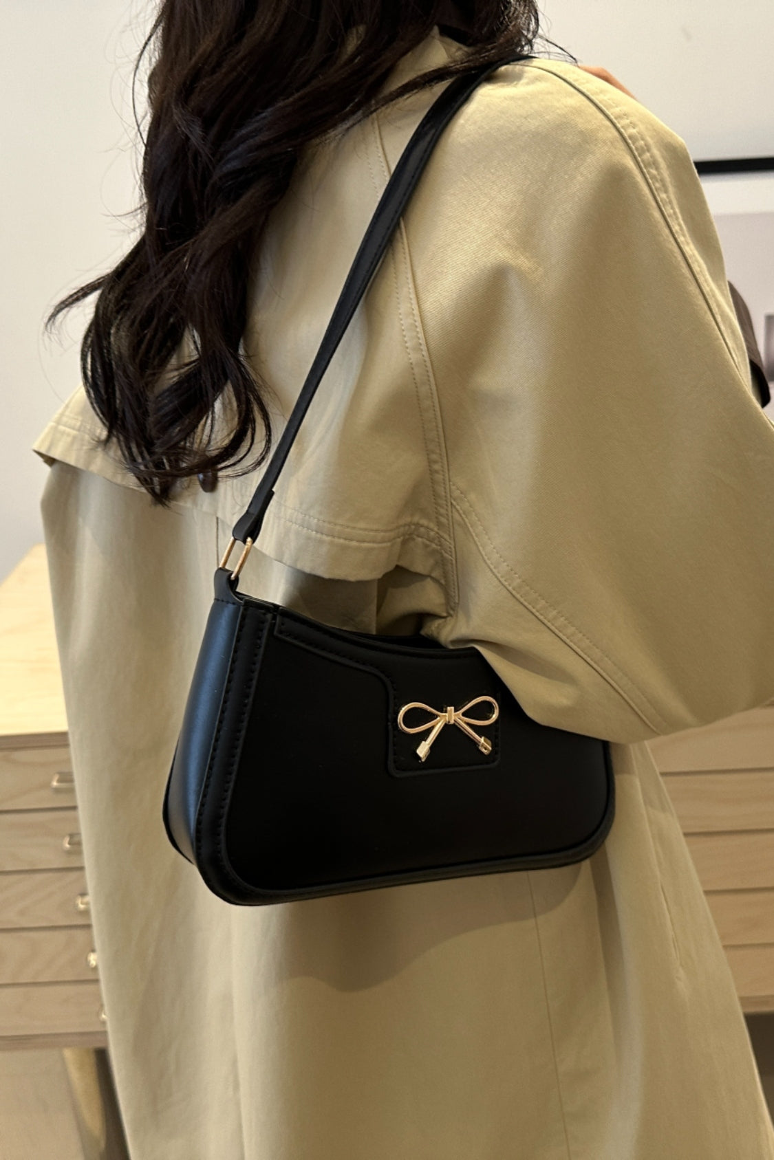 Bow Trim PU Leather Shoulder Bag - The Goddess Galleries