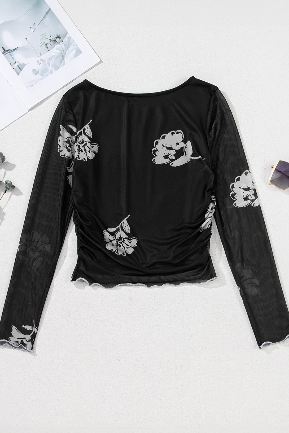 Floral Mesh Lettuce Edge Ruched Slim Long Sleeve Top - The Goddess Galleries