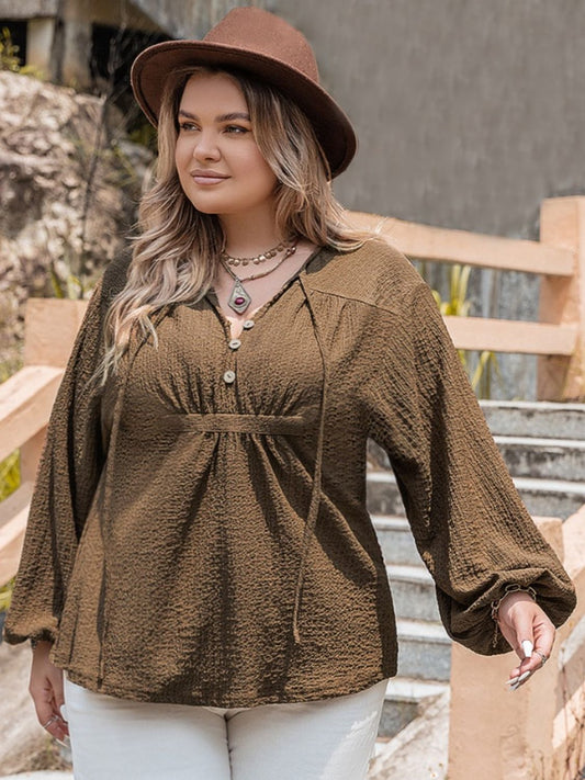 Plus Size Tie Neck Long Sleeve Blouse - The Goddess Galleries
