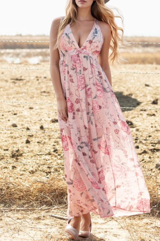 Floral Pleated Deep V Backless Maxi Dress - The Goddess Galleries