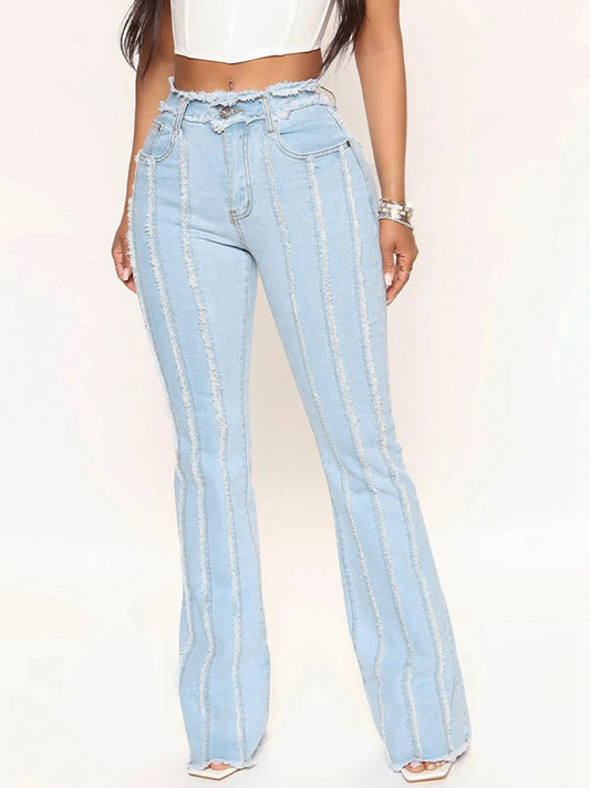 Striped Raw Hem Jeans - The Goddess Galleries