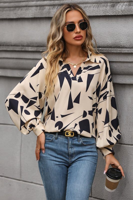 Perfee Printed Johnny Collar Blouse - The Goddess Galleries