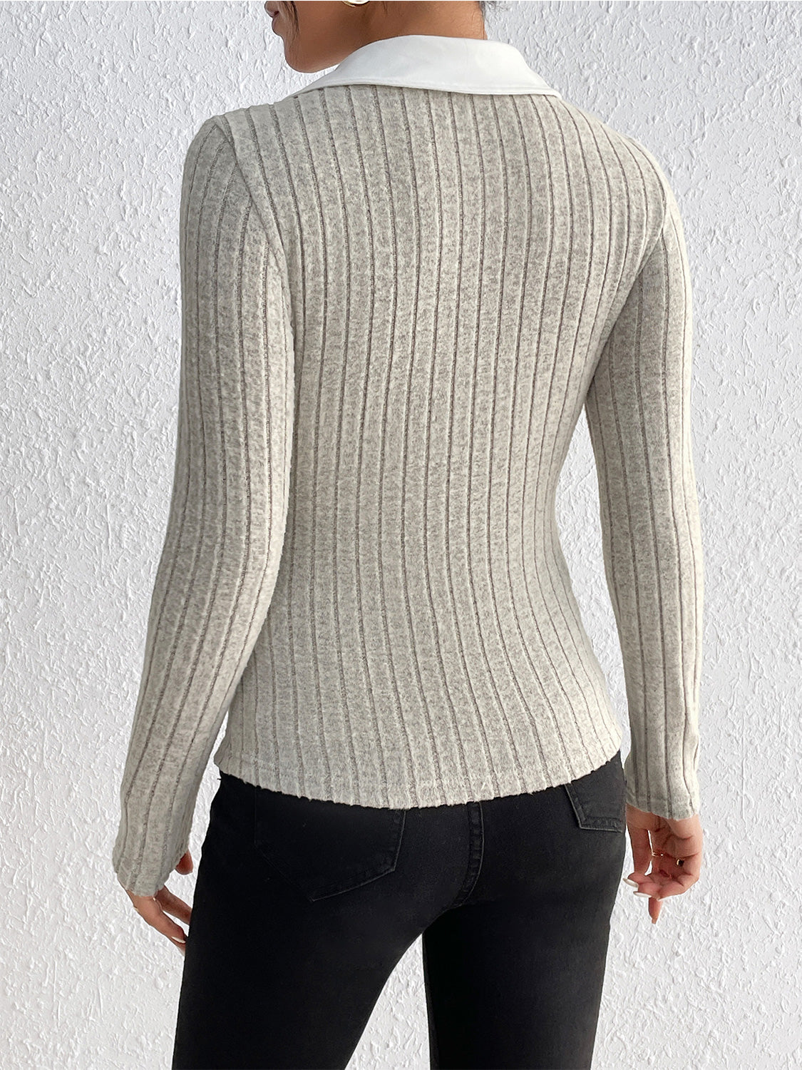 Honey Ribbed Johnny Collar Long Sleeve Blouse - The Goddess Galleries