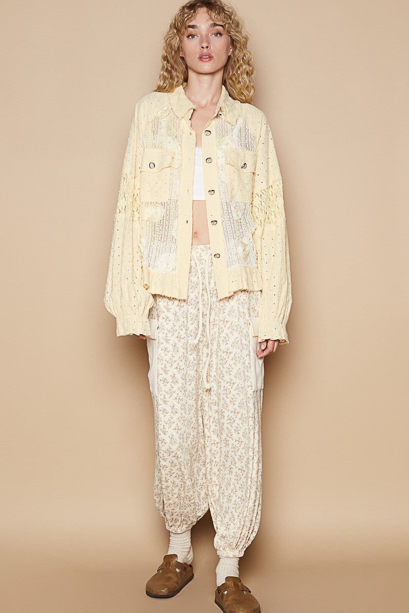 POL Eyelet Flower Pearl Detail Lace Patchwork Shirt - The Goddess Galleries