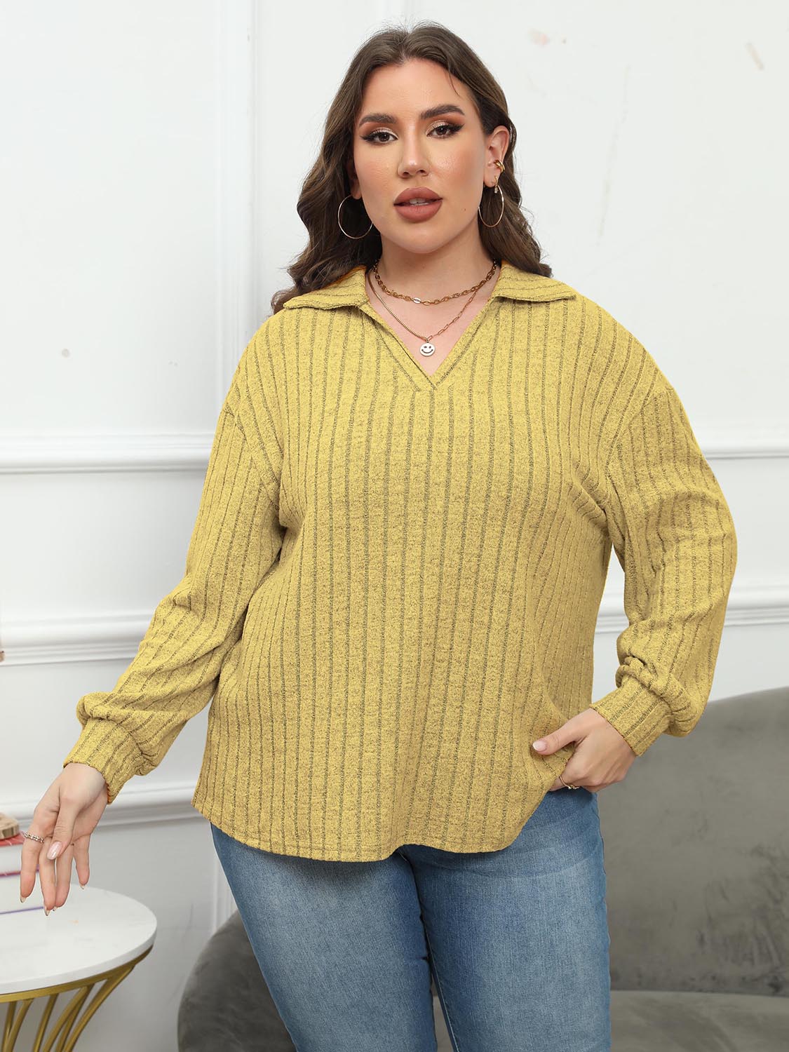 Plus Size Ribbed Collared Neck Long Sleeve Blouse - The Goddess Galleries