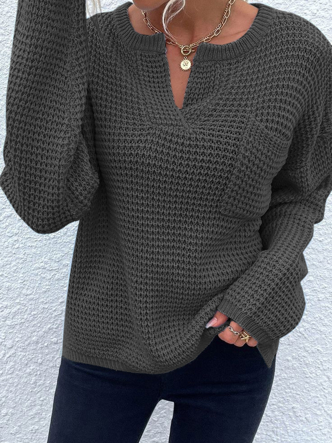 Notched Long Sleeve Sweater - The Goddess Galleries