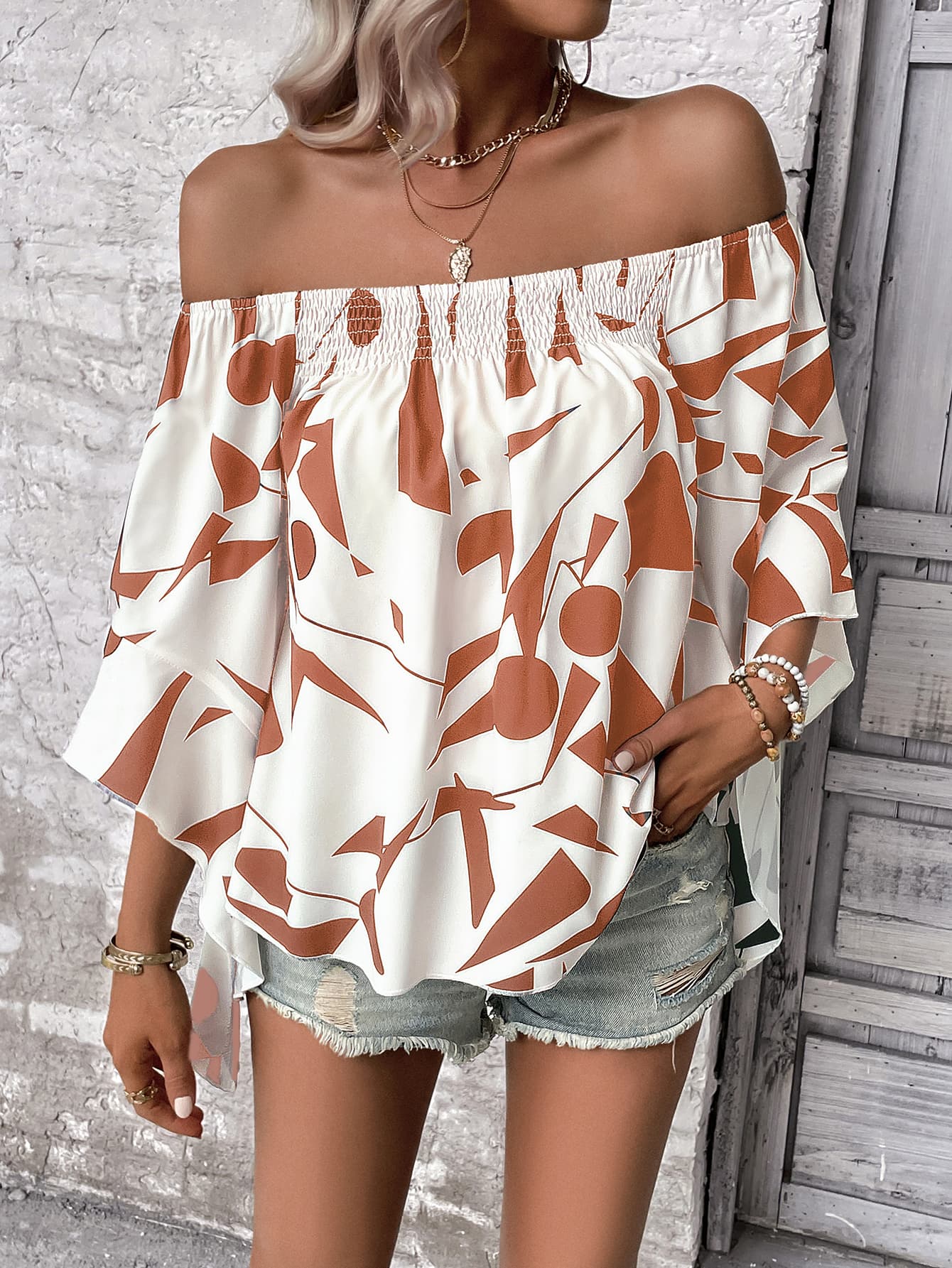 Printed Off-Shoulder Bell Sleeve Blouse - The Goddess Galleries