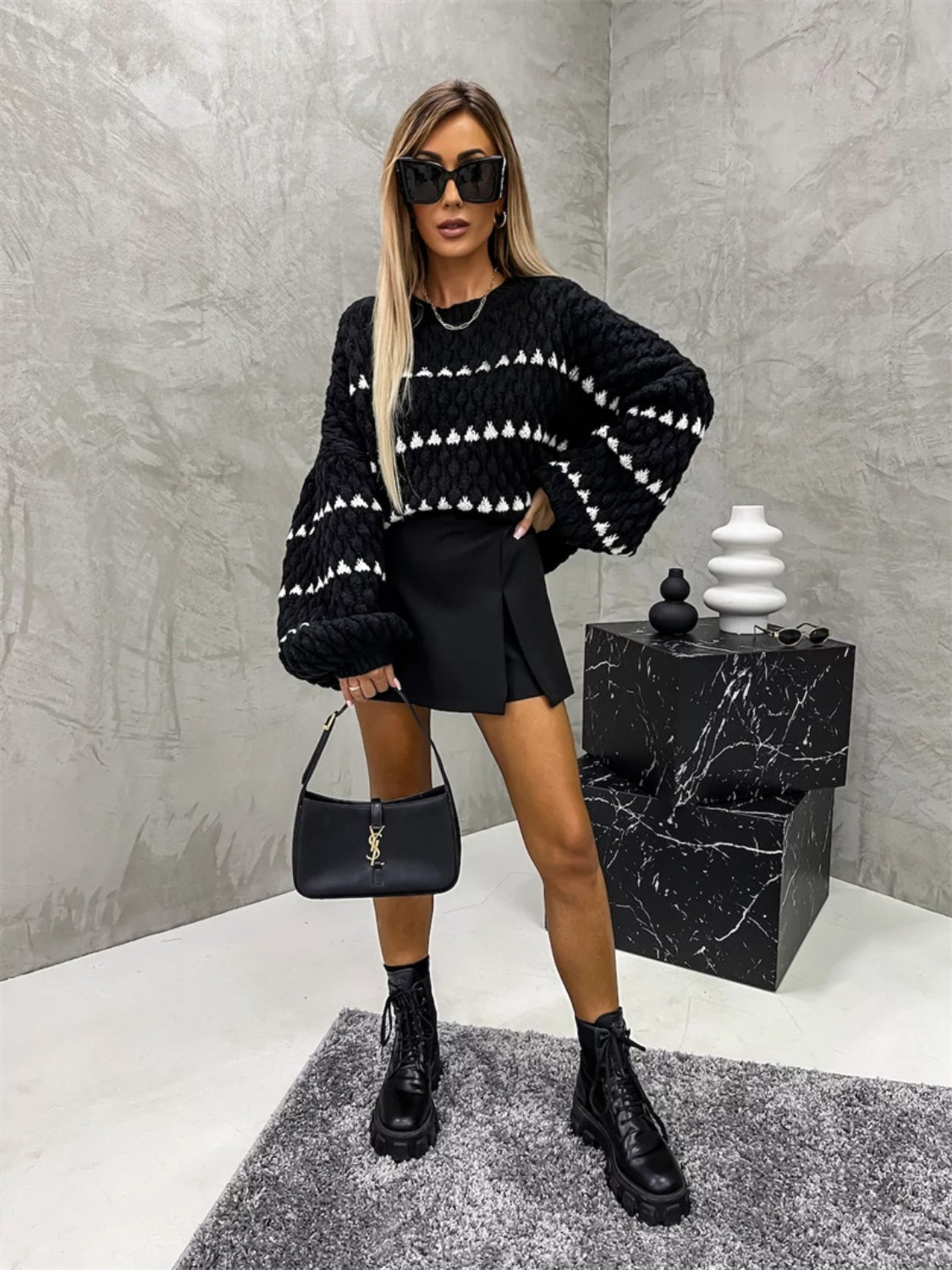 Contrast Round Neck Long Sleeve Sweater - The Goddess Galleries