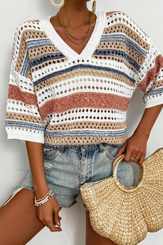 Striped Hollow Out Half Sleeve Knit Top - The Goddess Galleries