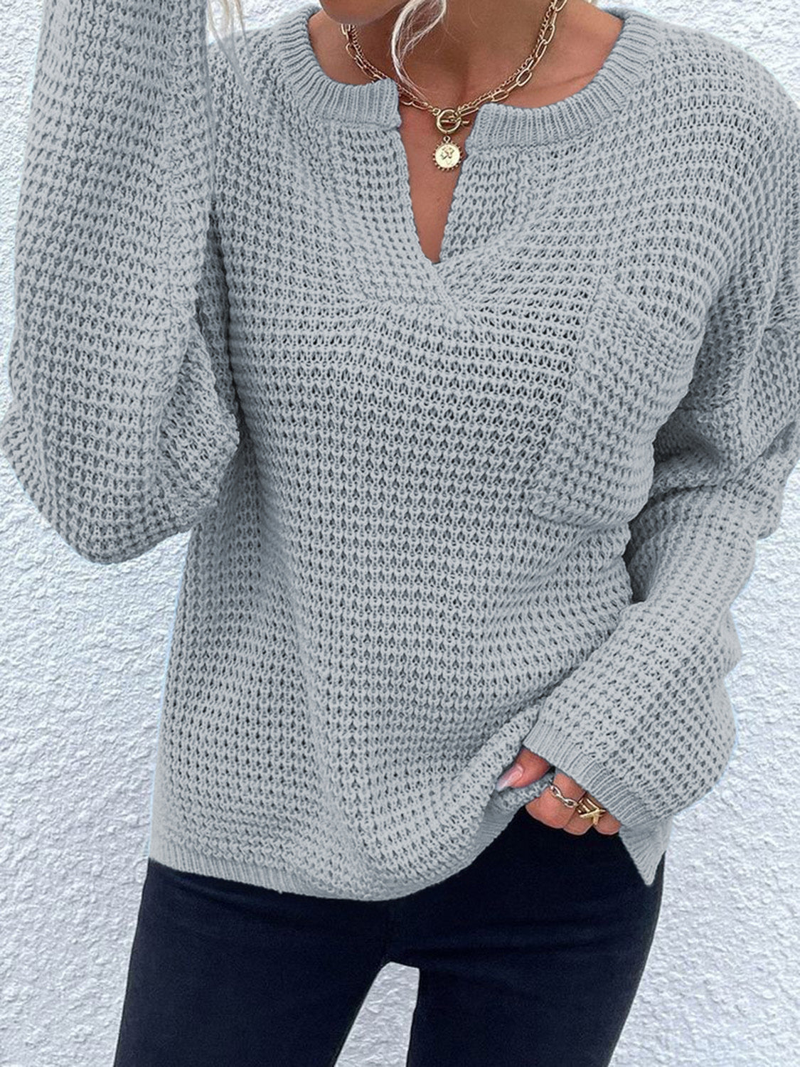 Notched Long Sleeve Sweater - The Goddess Galleries