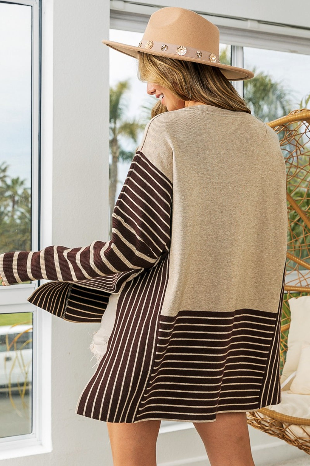 BiBi Striped Contrast Long Sleeve Slit Top - The Goddess Galleries