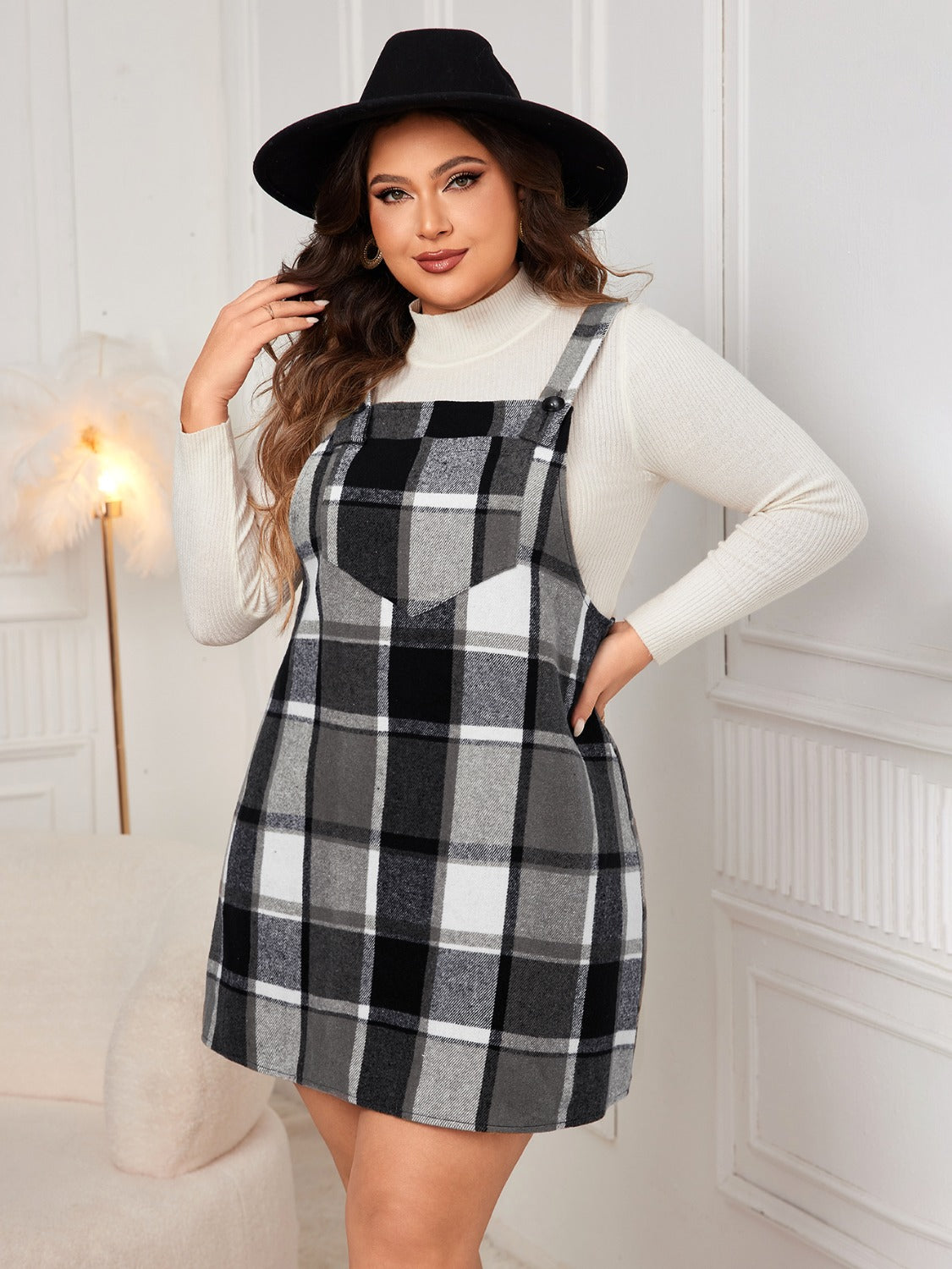 Honey Plus Size Plaid Wide Strap Overall Dress - The Goddess Galleries