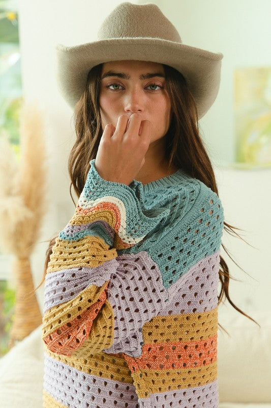 BiBi Wavy Hem Openwork Contrast Round Neck Sweater - The Goddess Galleries