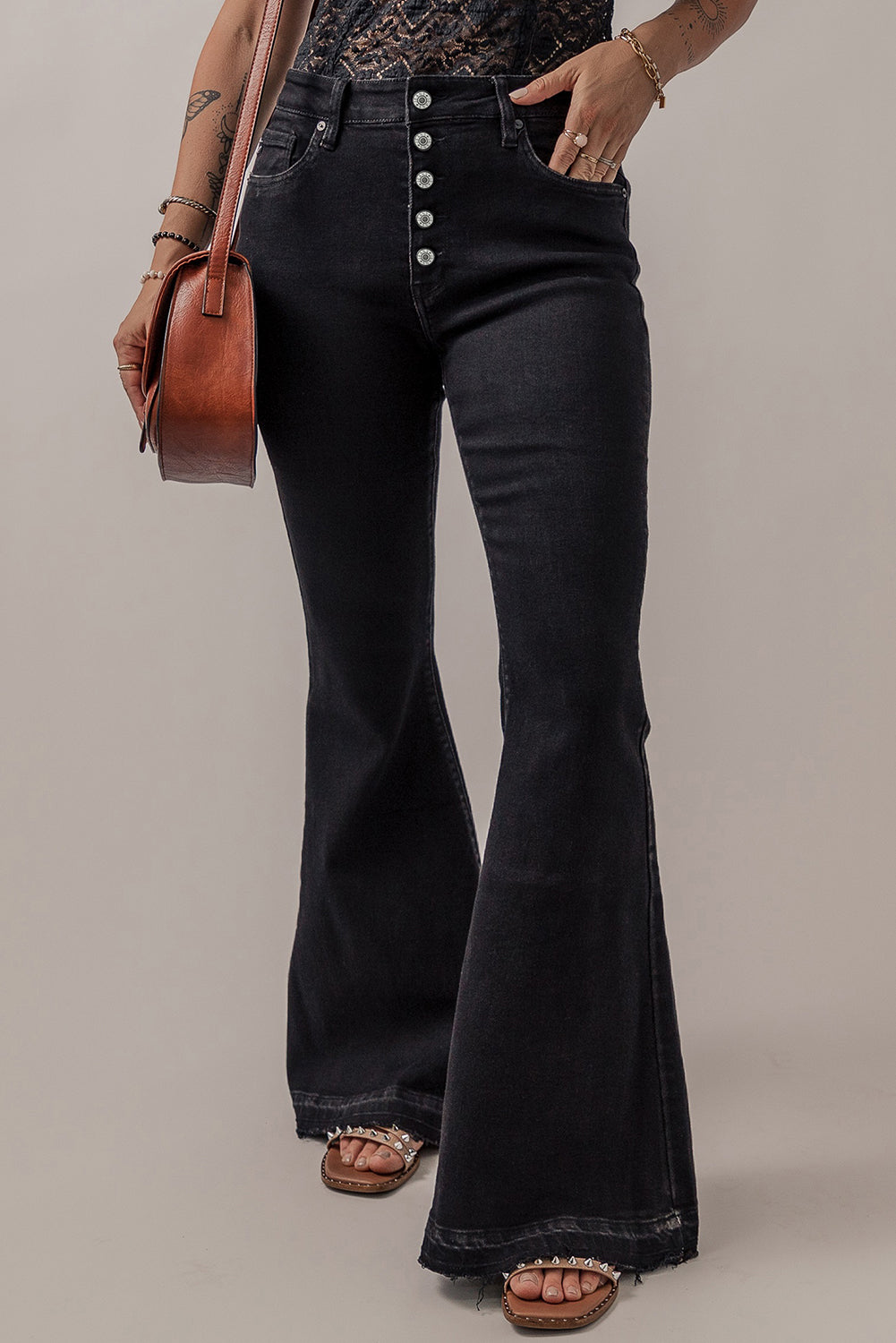 Button-Fly Flare Jeans with Pockets - The Goddess Galleries