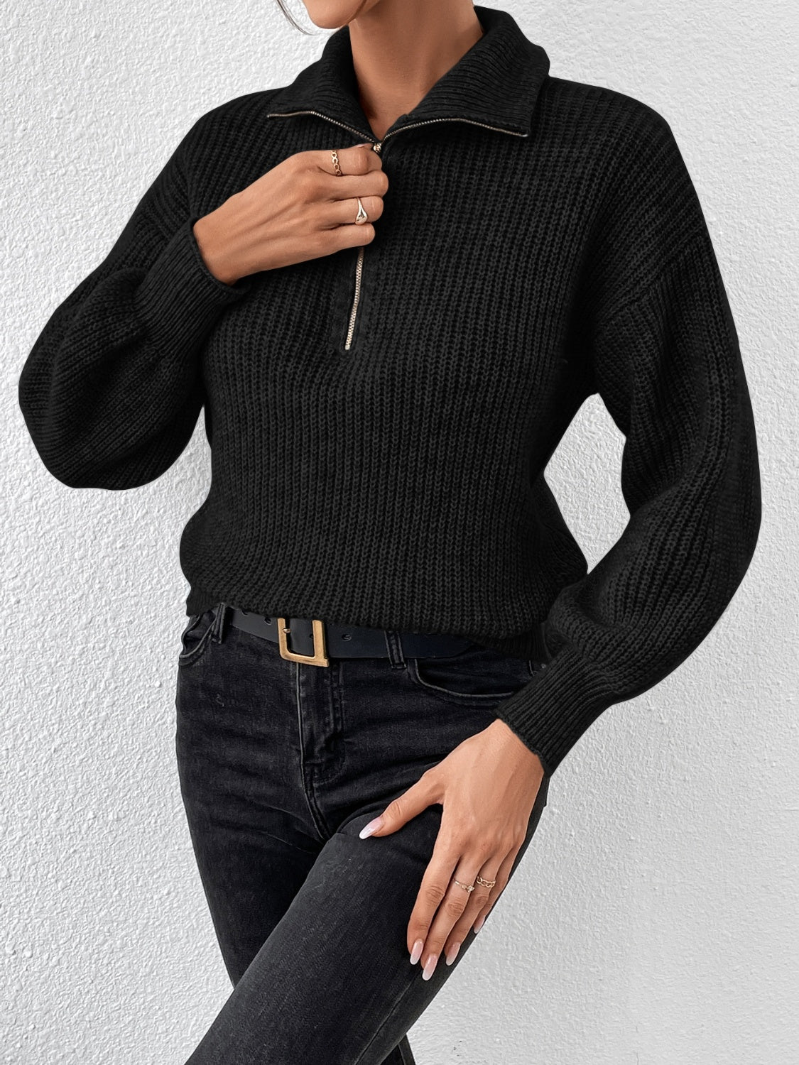 Honey Half Zip Dropped Shoulder Sweater - The Goddess Galleries