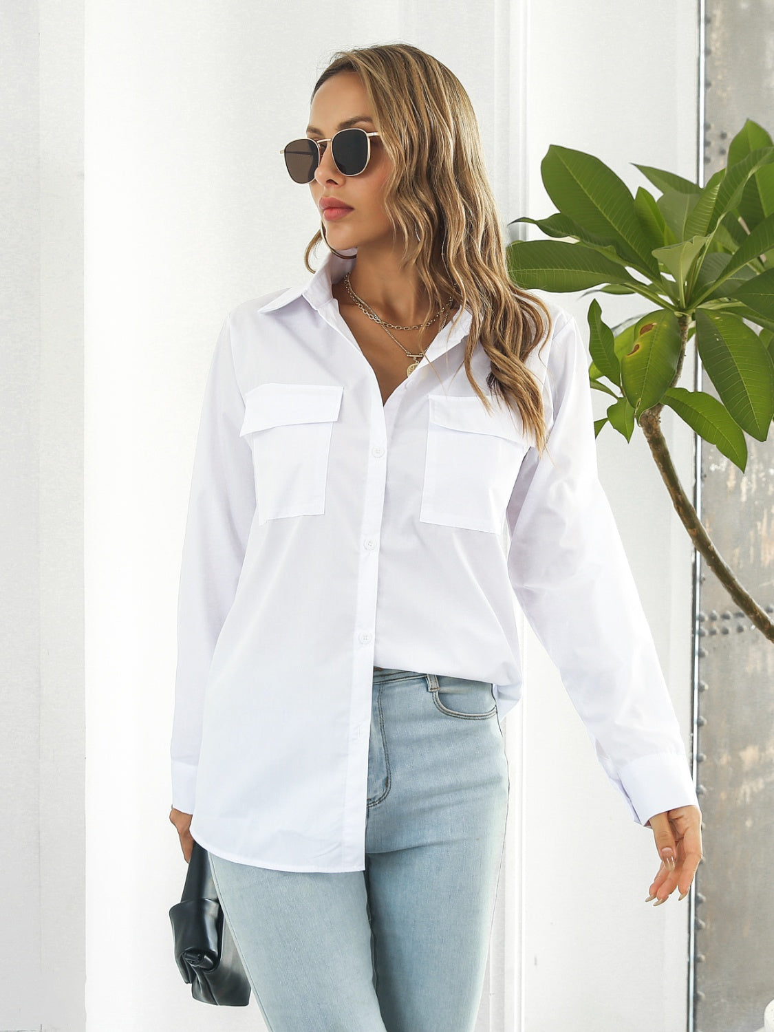 Collared Neck Buttoned Shirt with Pockets - The Goddess Galleries