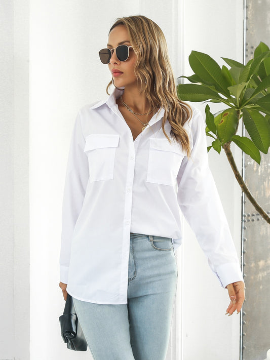 Collared Neck Buttoned Shirt with Pockets - The Goddess Galleries