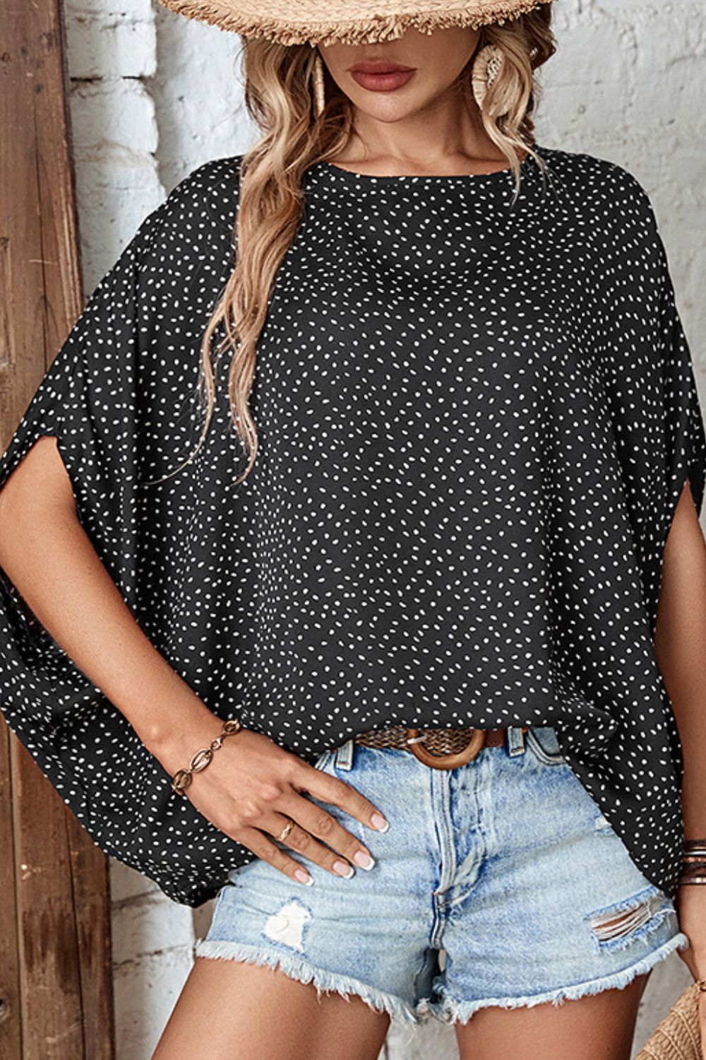 Perfee Printed Dolman Sleeve Round Neck Blouse - The Goddess Galleries