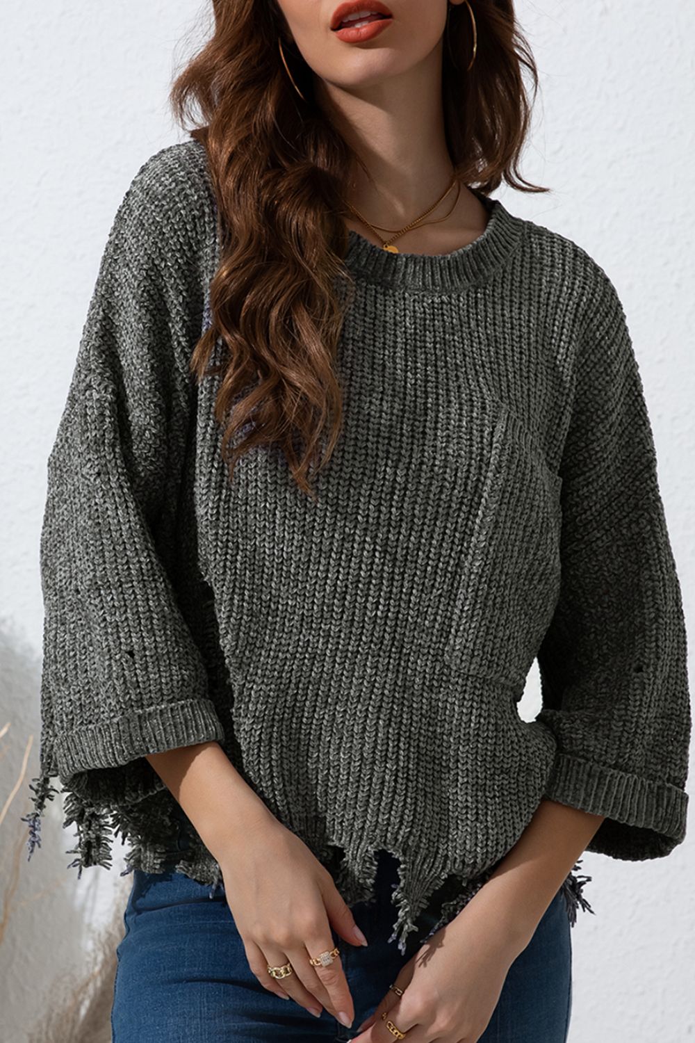 Distressed Round Neck Drop Shoulder Sweater - The Goddess Galleries
