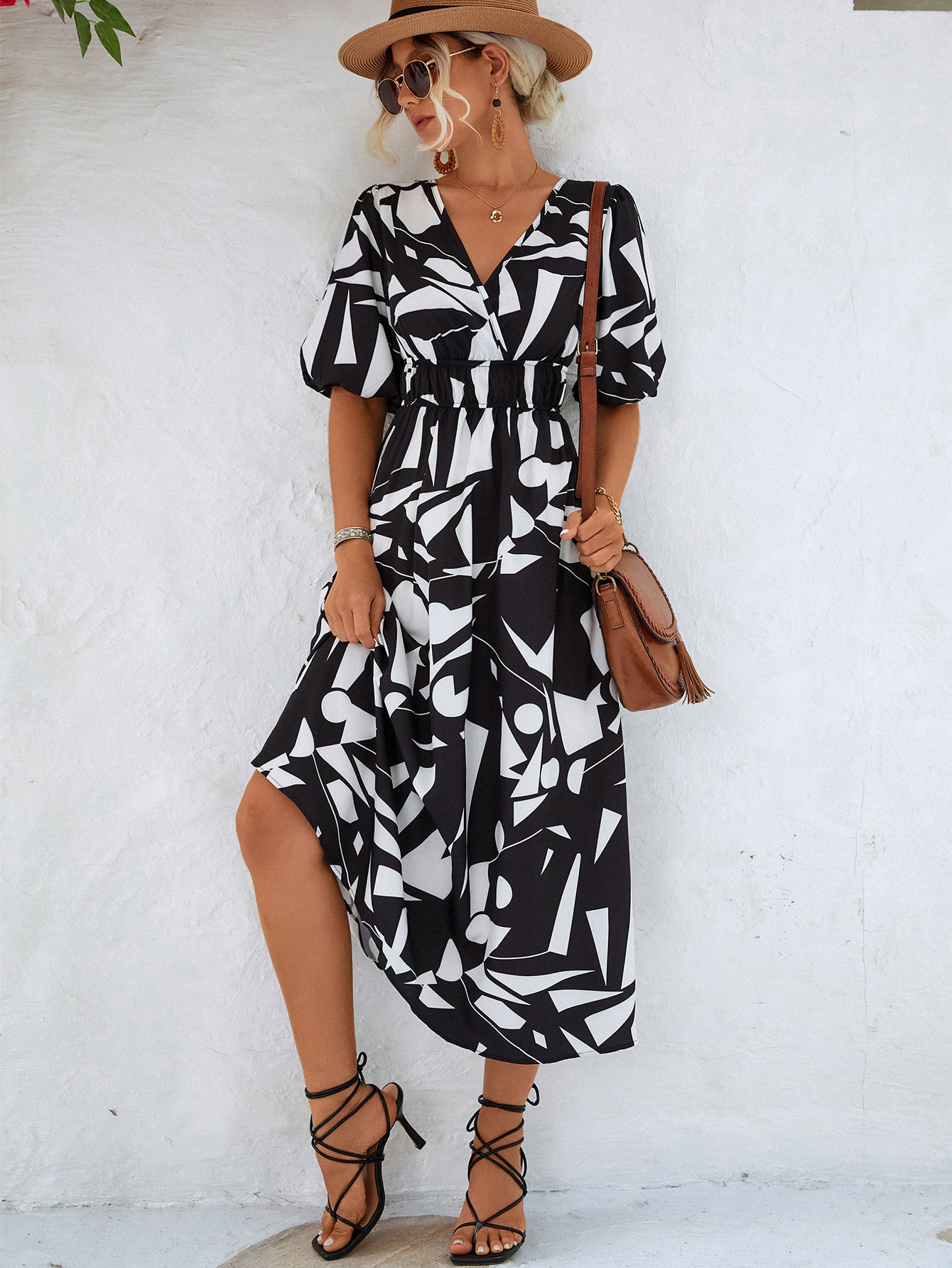 Printed Surplice Balloon Sleeve Dress - The Goddess Galleries
