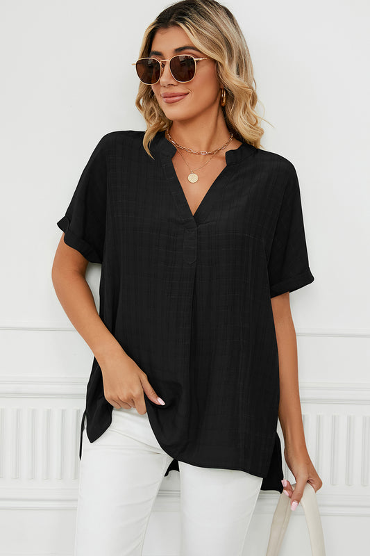Ruched Notched Short Sleeve Blouse - The Goddess Galleries